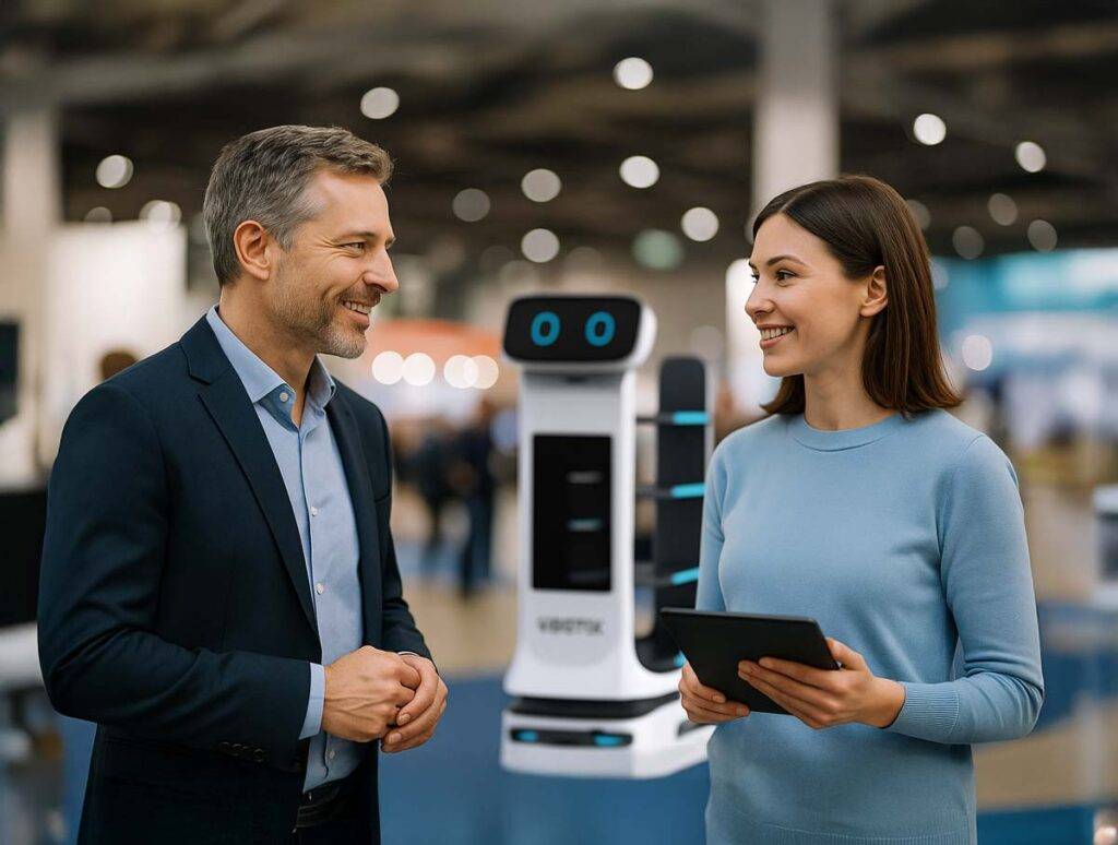 Zwei Vibotix-Mitarbeiter präsentieren einen Serviceroboter live auf der Messe. Moderne Robotik trifft persönliche Beratung.