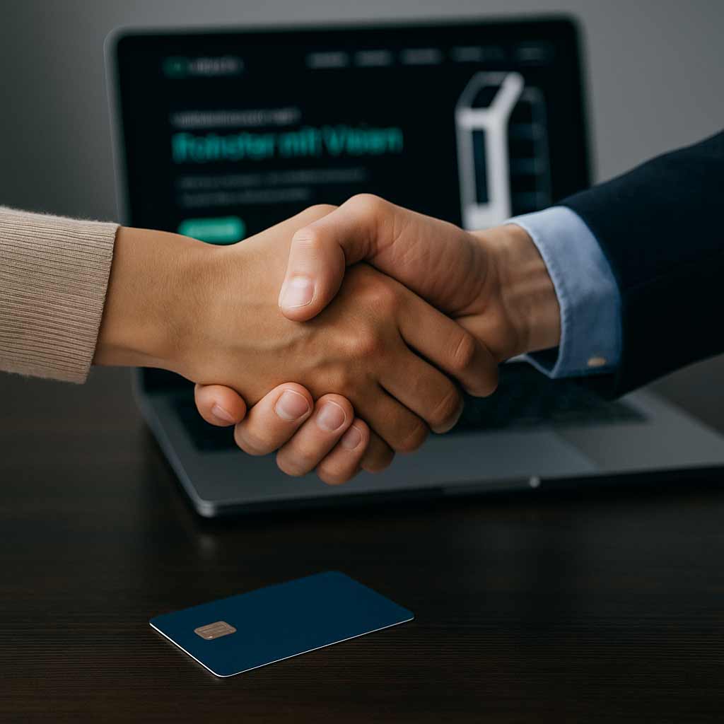 Geschäftspartner schütteln sich die Hand und vereinbaren den Einsatz von Vibotix Servicerobotern für effiziente Lösungen.